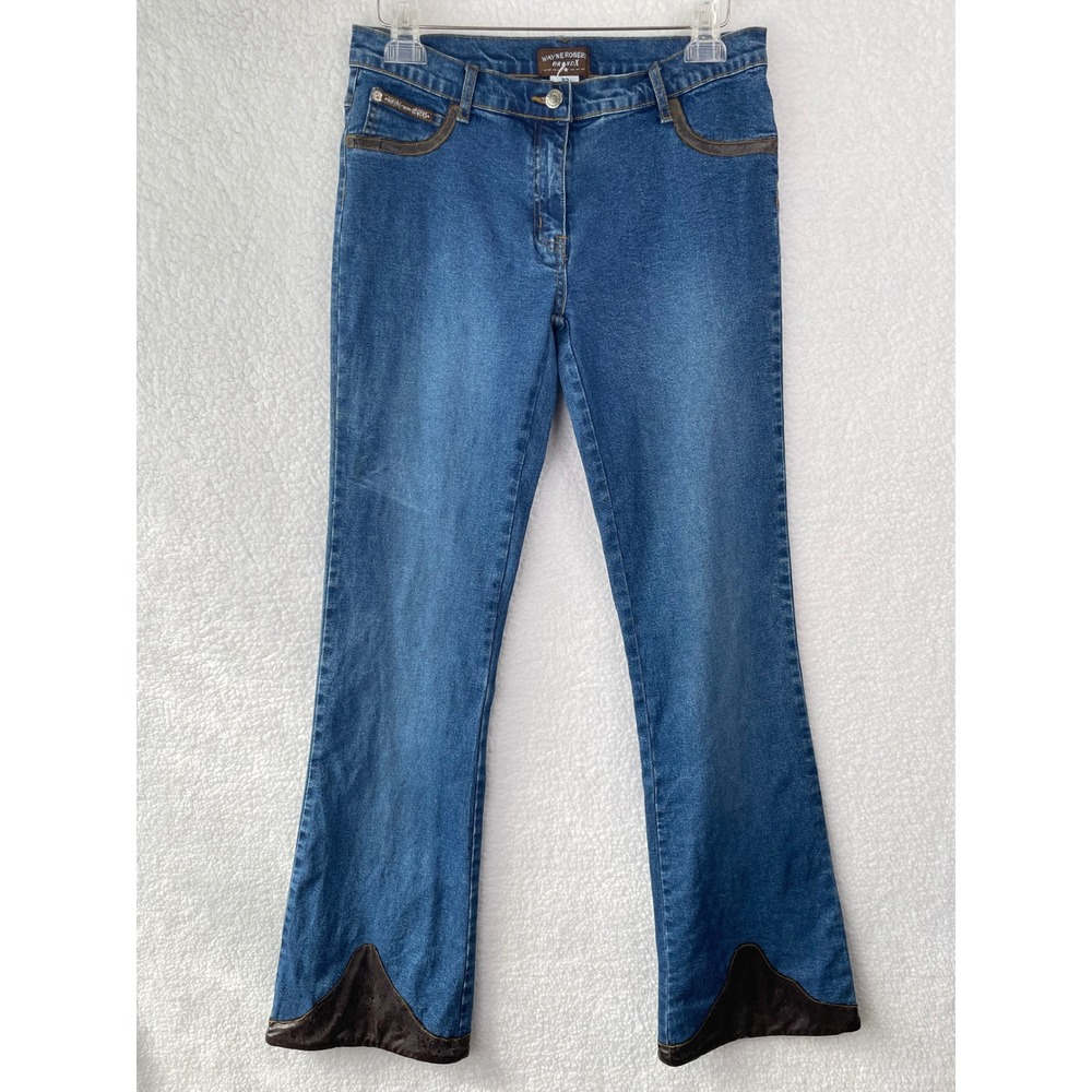 Wayne Rogers Brand X Women‎ Blue Western Flare Jeans Faux Leather Trim Size 32